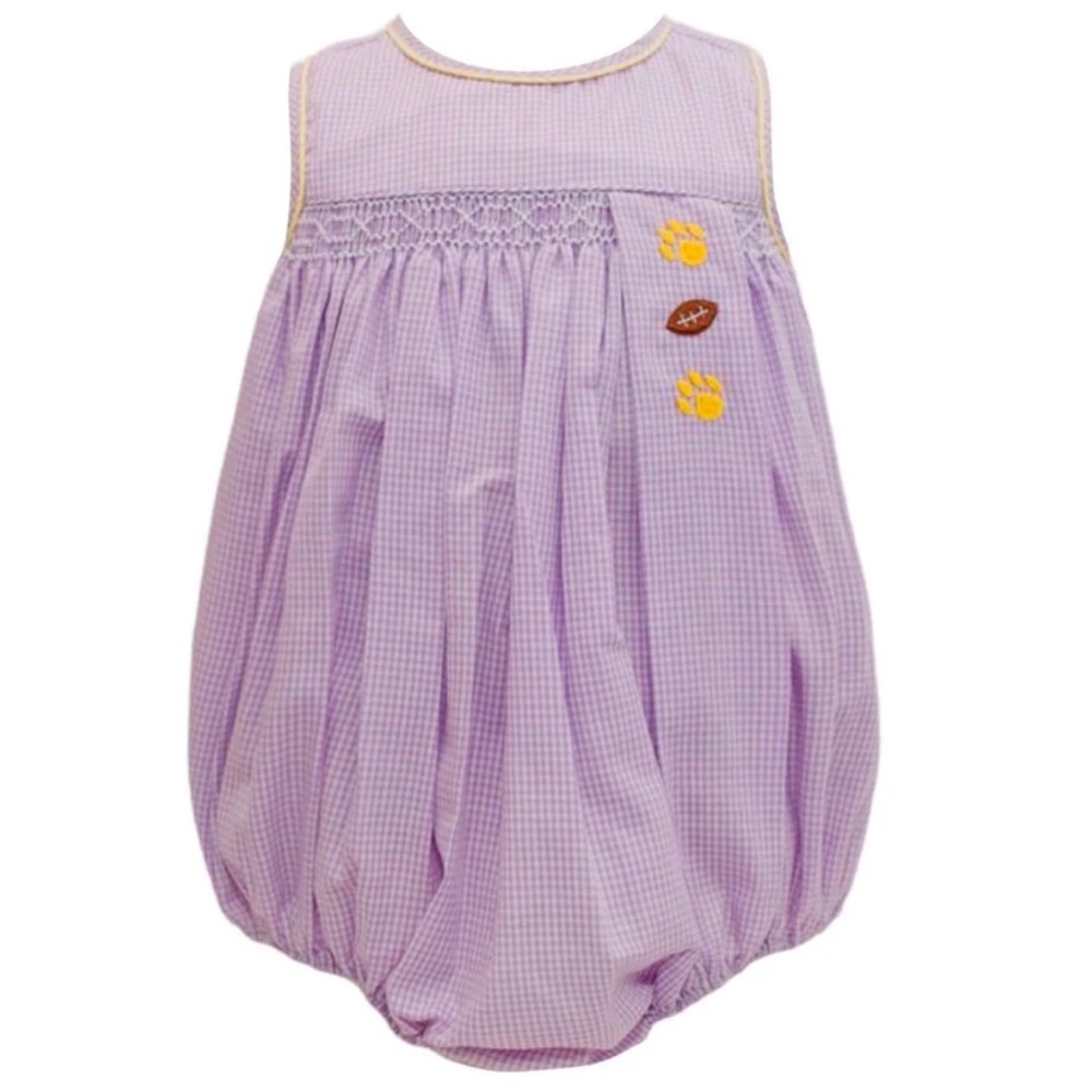 Krewe Kids LSU Lavender Gingham Smock Bubble for Boy or Girl 3M NWOT
